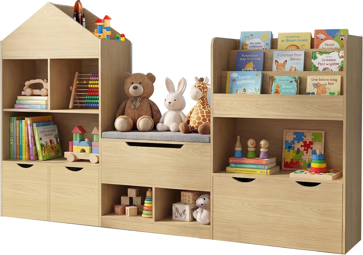 72" Kids Castle Bookshelf with Reading Nook, Large Toy Storage Organizer with Seat Cushion, 4 Drawers, Wheels, Kids Bookshelf and Bookcase w/8 Cubbies for Playroom, Nursery, Bedroom (Burlywood)