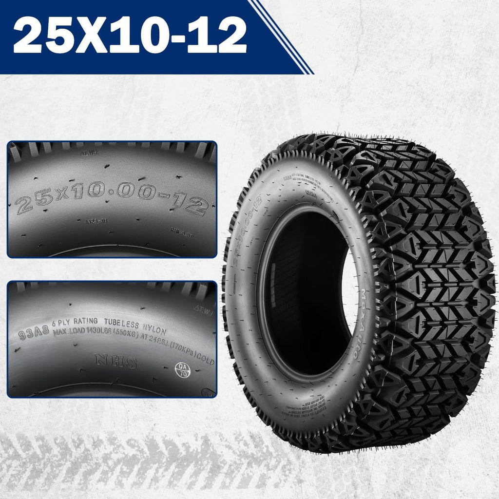 MaxAuto 25x10-12 Hilly Lawn ATV Tires, 25x10x12 All Terrain Tires, 25 10 12 Sand Off-Road Tire, 6PR Tubeless, 2 Pack