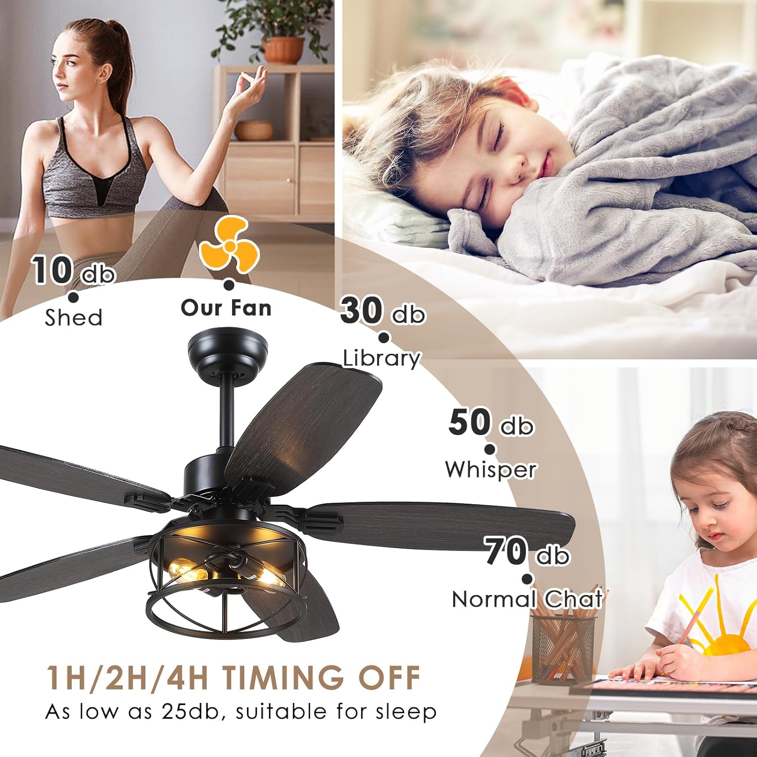 Hounberi 52" Caged Ceiling Fan with Lights and Remote, Downrod Rustic Ceiling Fans, 6-Speed Reversible, 5 Dual-Finish Blades, E26*2 Blub Base + Black Metal Lampshade for Bedroom Living Room