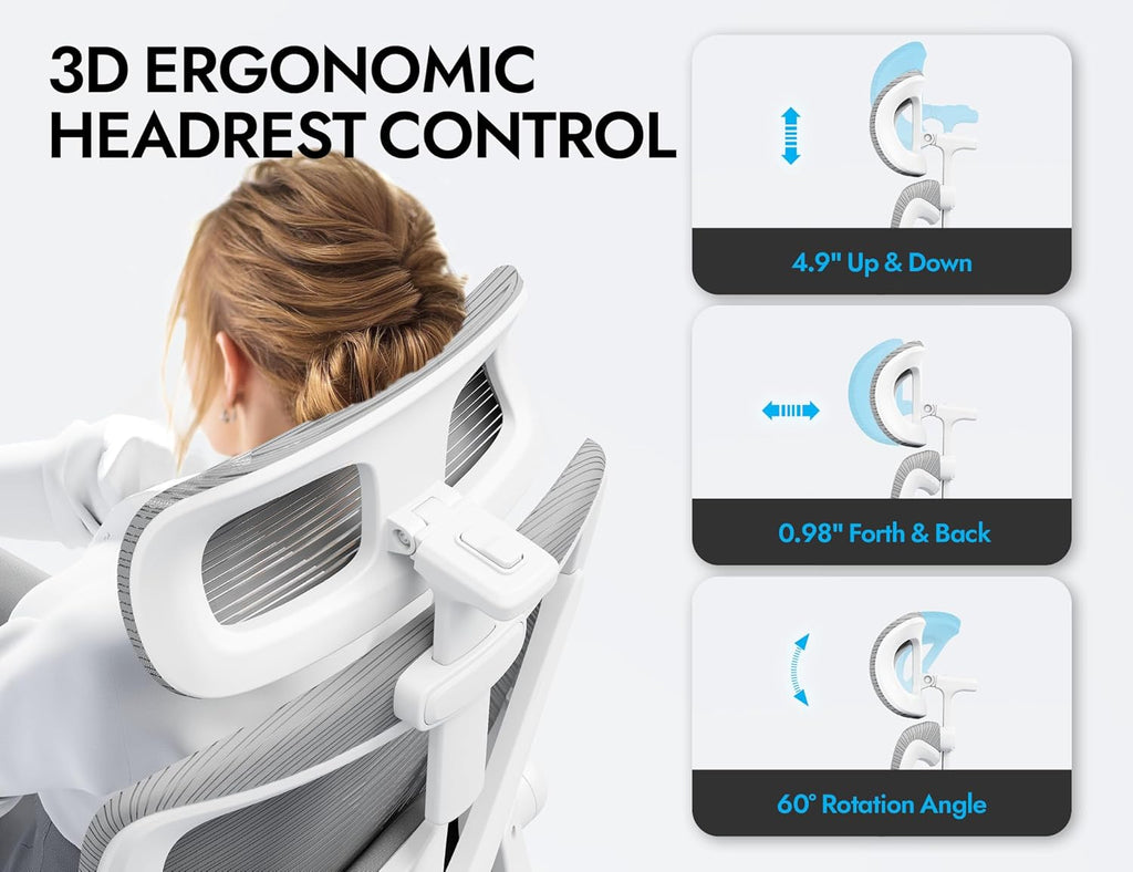 Ergonomic Office Chair: White Computer Desk Chair Comfy Gaming Chair for Adults - Office Chair with Lumbar Support & Headrest - Executive Office Rolling Chairs for Home Work (Grey)
