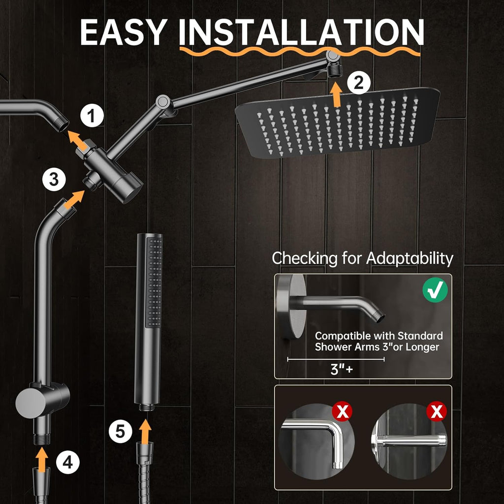 Veken All Metal 10" Gunmetal Gray Shower Head with Handheld, Luxurious Square Double Rain Shower Heads with Spray Combo, Dual High Pressure Detachable Rainfall Showerhead with Extension Arm, Long Hose