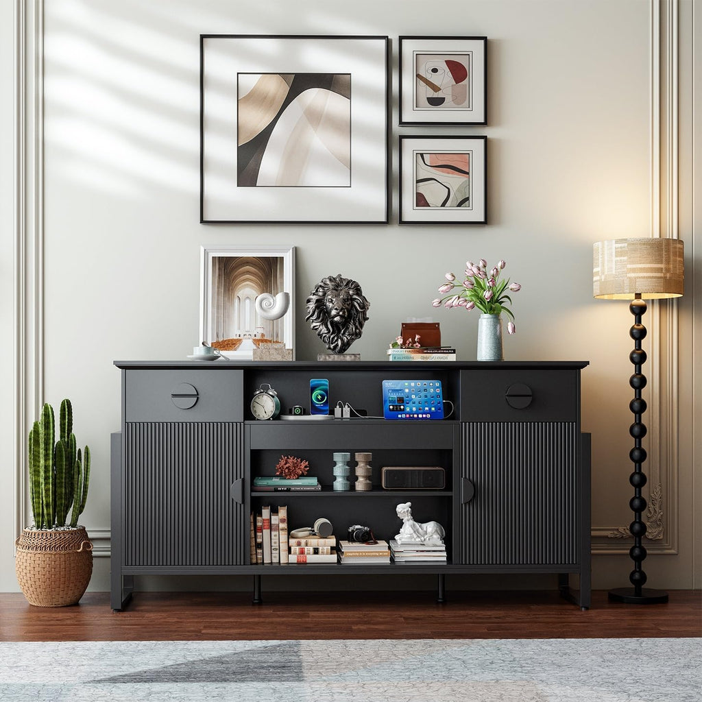 Naice TV Stand for 80 Inch TVs, 38" Tall Entertainment Center with Power Outlet, Stylish TV Stand w/Drawers & Cabinets, Raising Legs, Curved Profile Design, Media Console for Living Room, Black