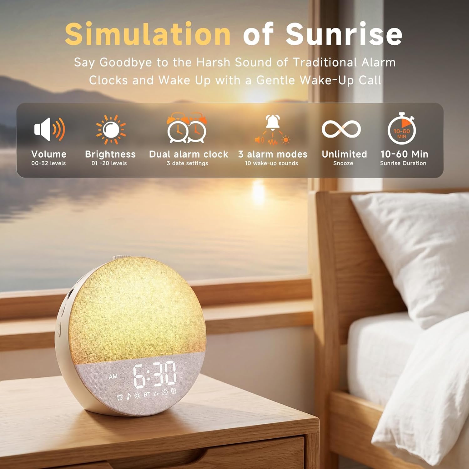 Geuuap Sunrise Alarm Clock White Noise Machine | Natural Wake-Up Light for Bedroom with 30 Soothing Sleep Aids, Bluetooth Speaker, Dimmable Clock, Screen-Free Design for Baby Adults Kids-Khaki