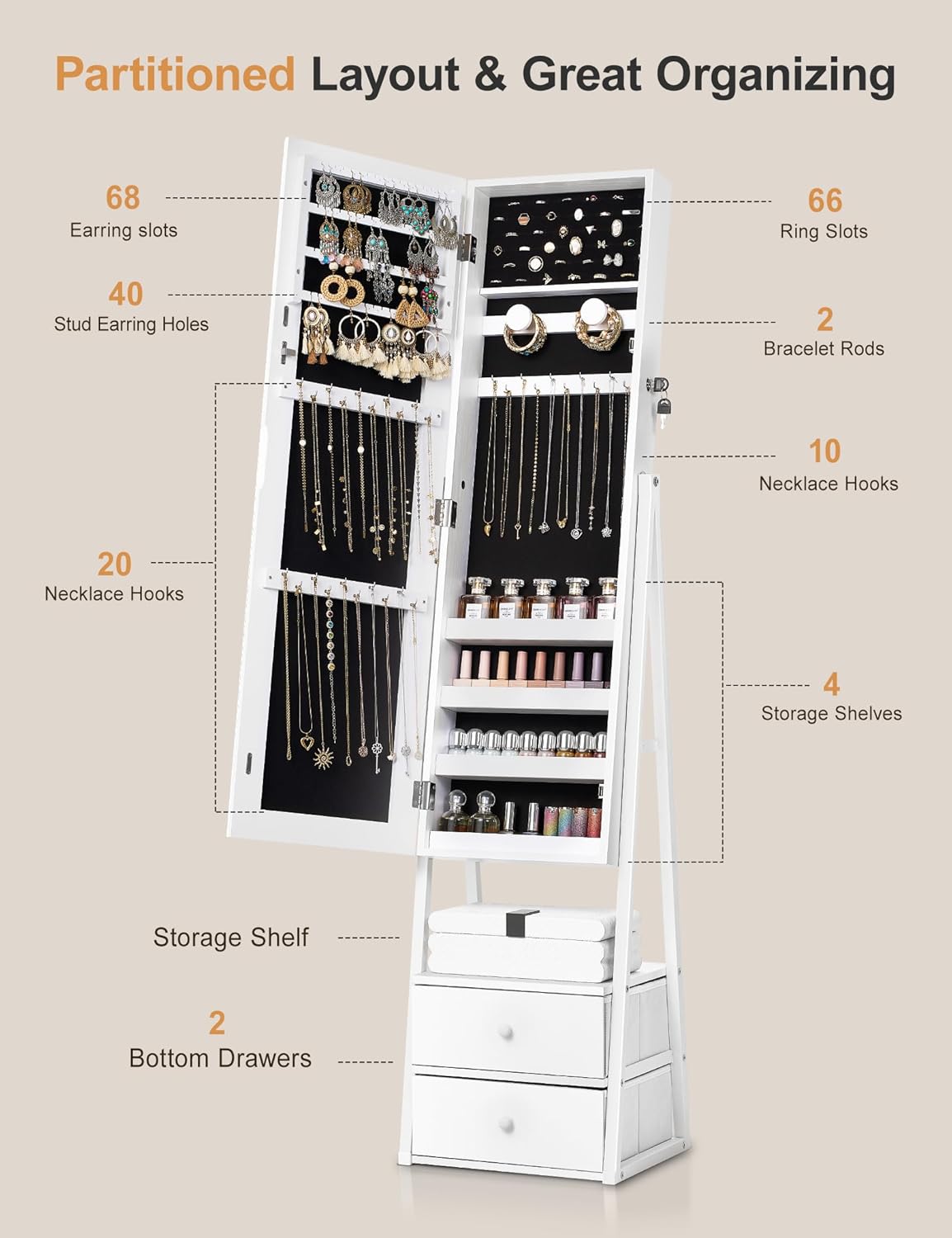 Nicetree Jewelry Cabinet Armoire with 2 Drawers, Lockable Standing Mirror Jewelry Cabinet, Full Length Mirror with Jewelry Storage, Gift Idea, White