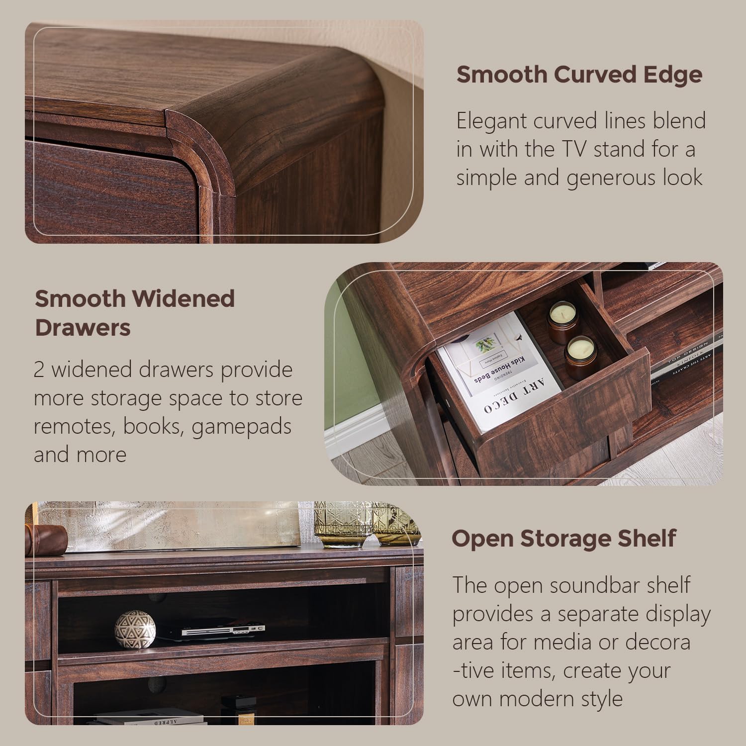 Modern TV Stand for 80 Inch TVs, 32"Tall Entertainment Center w/Storage Cabinet& drawers, Media Console Cabinet w/Soundbar & Adjustable Shelves for Living Room, Curved Profile Design, 70 inch (Brown)