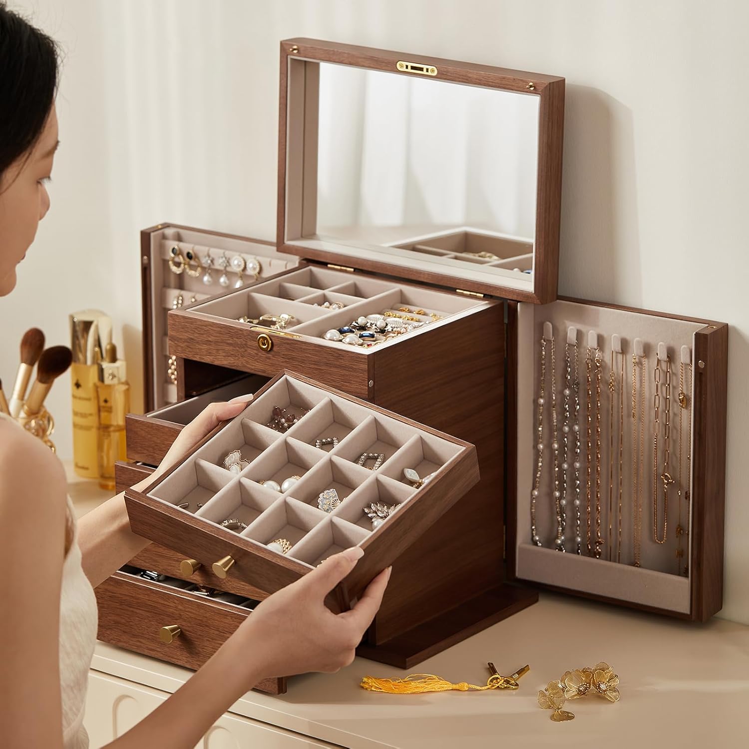 Black Walnut Wooden Jewelry Box, Wood Jewelry Organizer with 2 Side Doors Mirror Lockable Classical Style for Watch Necklace Ring Earring Storage Mothers Day Gifts for Mom-6 Layer