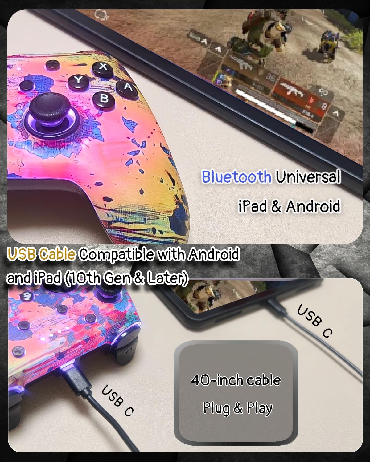 Wzuiсov RGB Wireless Game Controller for Switch/PC/iPhone/Android - Bluetooth & USB-C Wired with Phone Mount, USB C to A Adapter, Tablet, TV Box & Tesla Compatible