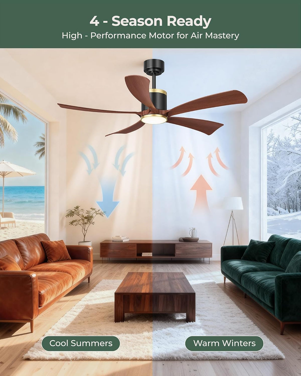 BLNAN 52" Premium Walnut Solid Wood Ceiling Fan with Light - Whisper-Quiet DC Motor, 6 Speeds, 3000K-6000K Dimmable LED, Remote Control with Timer, 2 Downrods for Indoor/Outdoor, A++ Energy Saving