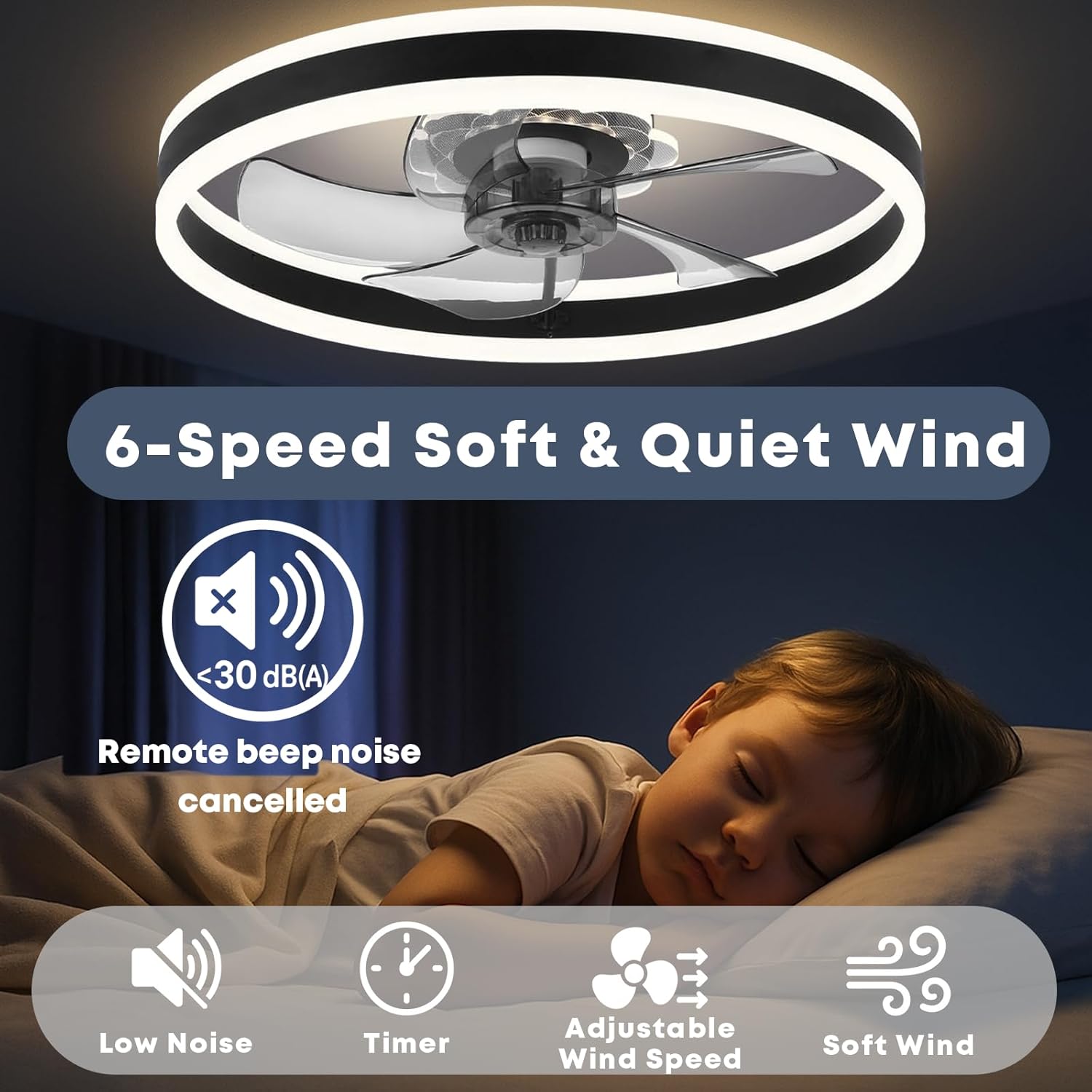 Fszdorj 23.6'' Ceiling Fan with Light, Upgraded Low Profile Fan, Flush Mount Ceiling Fan, 6 Speeds, Dimmable LED, App & Remote Control, Quiet DC Motor, for Bedroom, Living Room, F105 Black