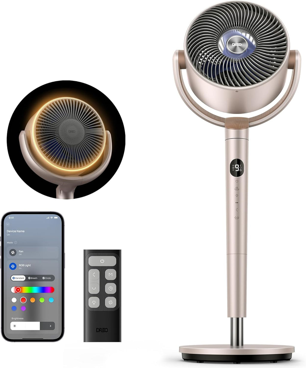 DREO Smart Fans for Bedroom, 120° +120° Omni-Directional Oscillating Fan, 100ft Quiet Pedestal Fan with RGB Light, 9 Speeds, 6 Modes, 20dB, 8H Timer, Wi-Fi/Voice, 35-40" Floor Fans, Starlight