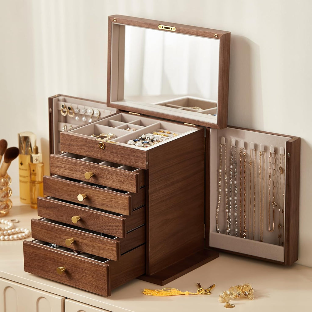 Black Walnut Wooden Jewelry Box, Wood Jewelry Organizer with 2 Side Doors Mirror Lockable Classical Style for Watch Necklace Ring Earring Storage Mothers Day Gifts for Mom-6 Layer