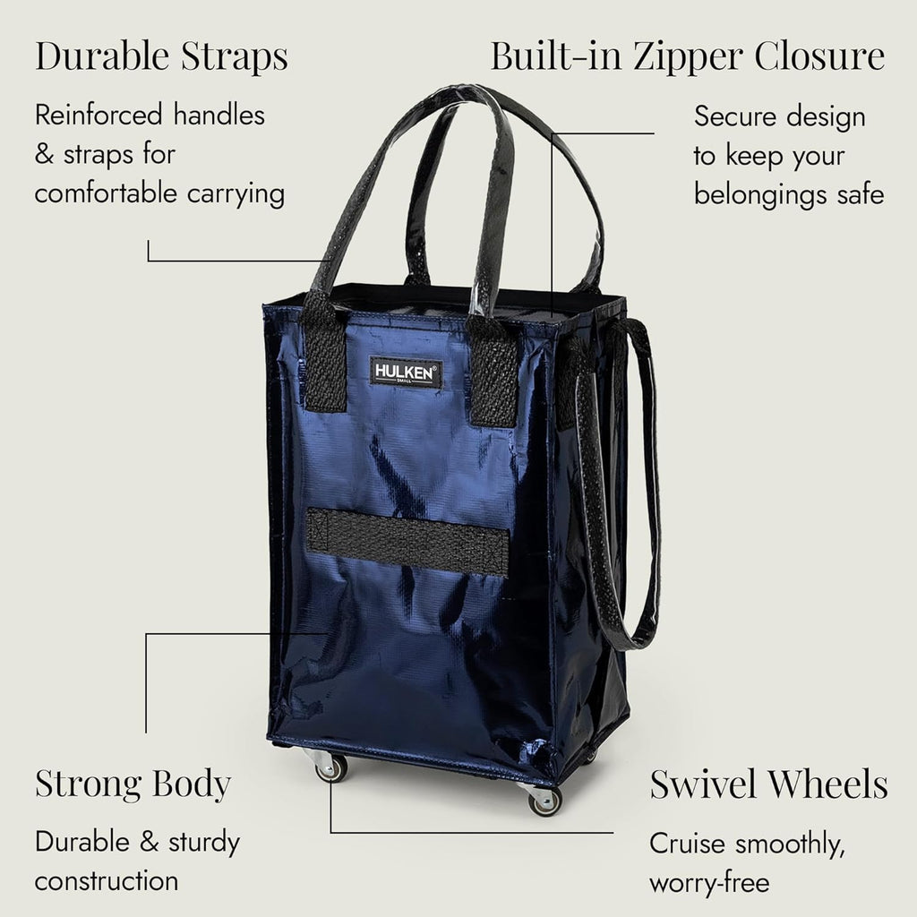 HULKEN (Small, Midnight Blue) Reusable Grocery Bag On Wheels, Shopping Trolley, Rolling Tote, Zipper Closure, Lightweight, Carries Up to 66 lb, Folds Flat
