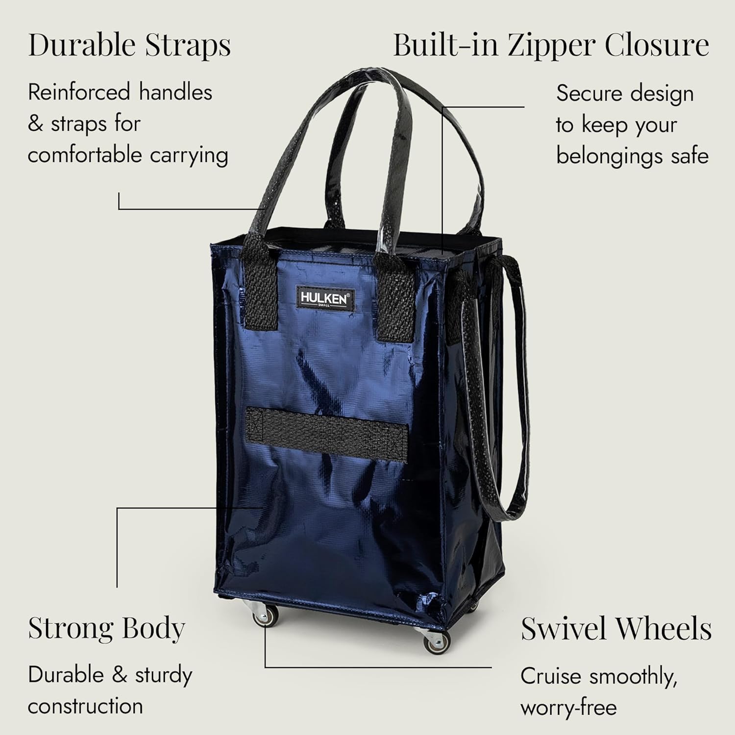 HULKEN (Small, Midnight Blue) Reusable Grocery Bag On Wheels, Shopping Trolley, Rolling Tote, Zipper Closure, Lightweight, Carries Up to 66 lb, Folds Flat