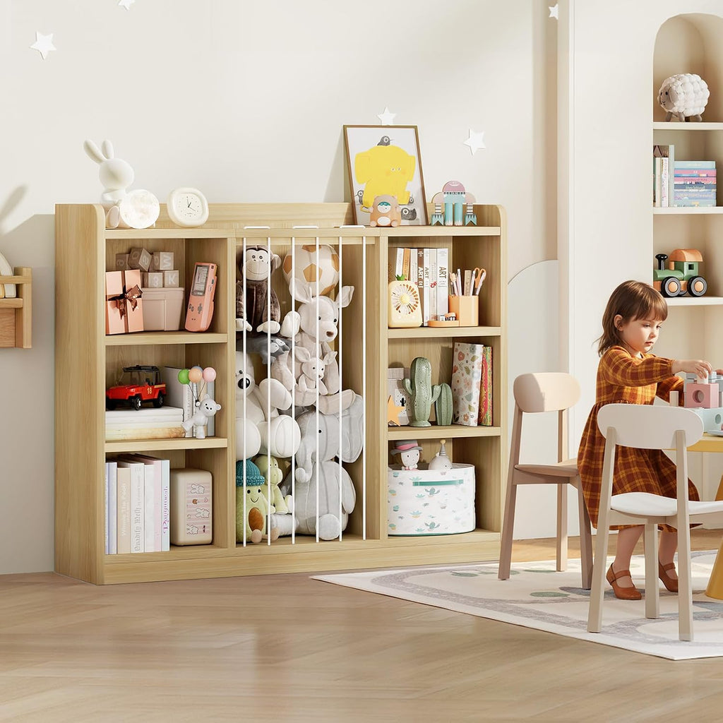 Toddler Stuffed Animal Zoo, Toy Storage Organizer for Playroom, Plush Toy Organizers and Storage, Book Shelf for Kids Rooms, Elastic Band Child Bookcase, Toy Shelf with 8 Storage Cubbies (Maple Wood)