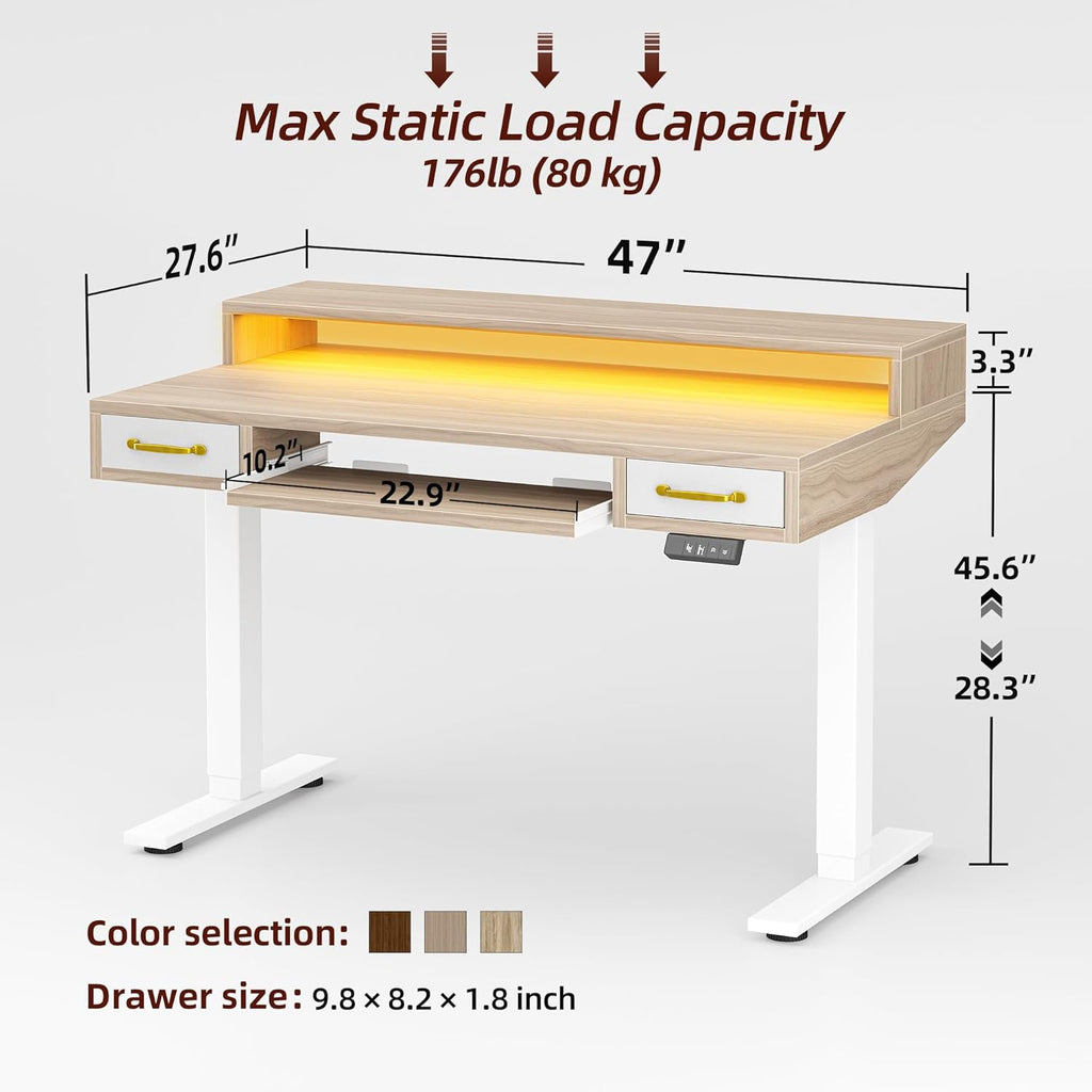 TIQLAB Standing Desk with Two Drawers, Stand Up Standing Desk Adjustable Height, Electric Sit Stand Table with Storage Shelf and Splice Board, with LED Light, 47 * 28 inch, Light Walnut