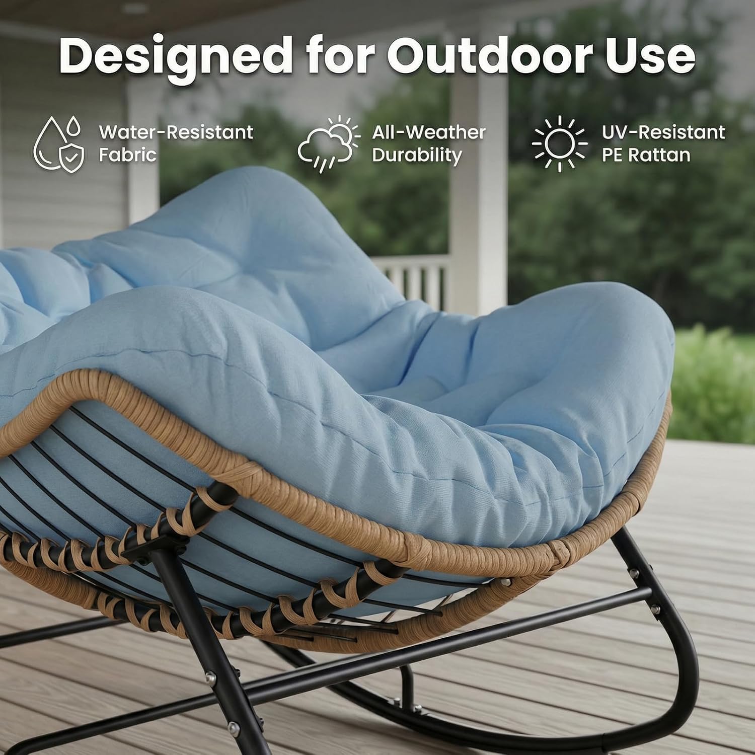 SWITTE Outdoor Rocking Chair, Oversized Patio Papasan Rocker, Comfy Wicker Reading Lounge, Indoor Bed-Like Egg Chair for Bedroom,Balcony, Porch, Garden, Light Blue