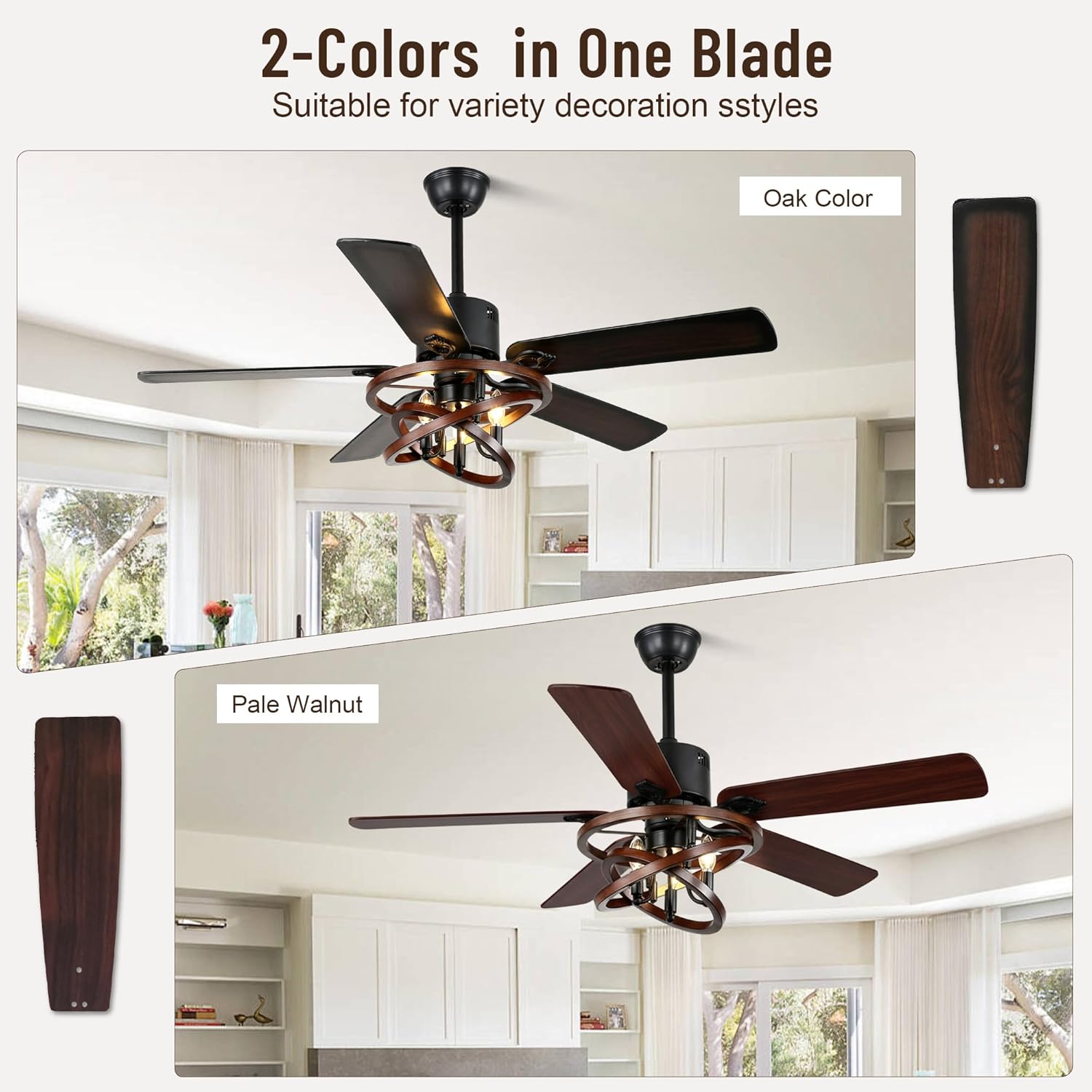52" Ceiling Fan with Lights and Remote,Industrial Farmhouse Ceiling Fan with Adjustable Wood Grain Iron Cage,5 Reversible Dual-Color Blades,DC Quiet Motor,6 Speeds,Timer for Bedroom Living Room