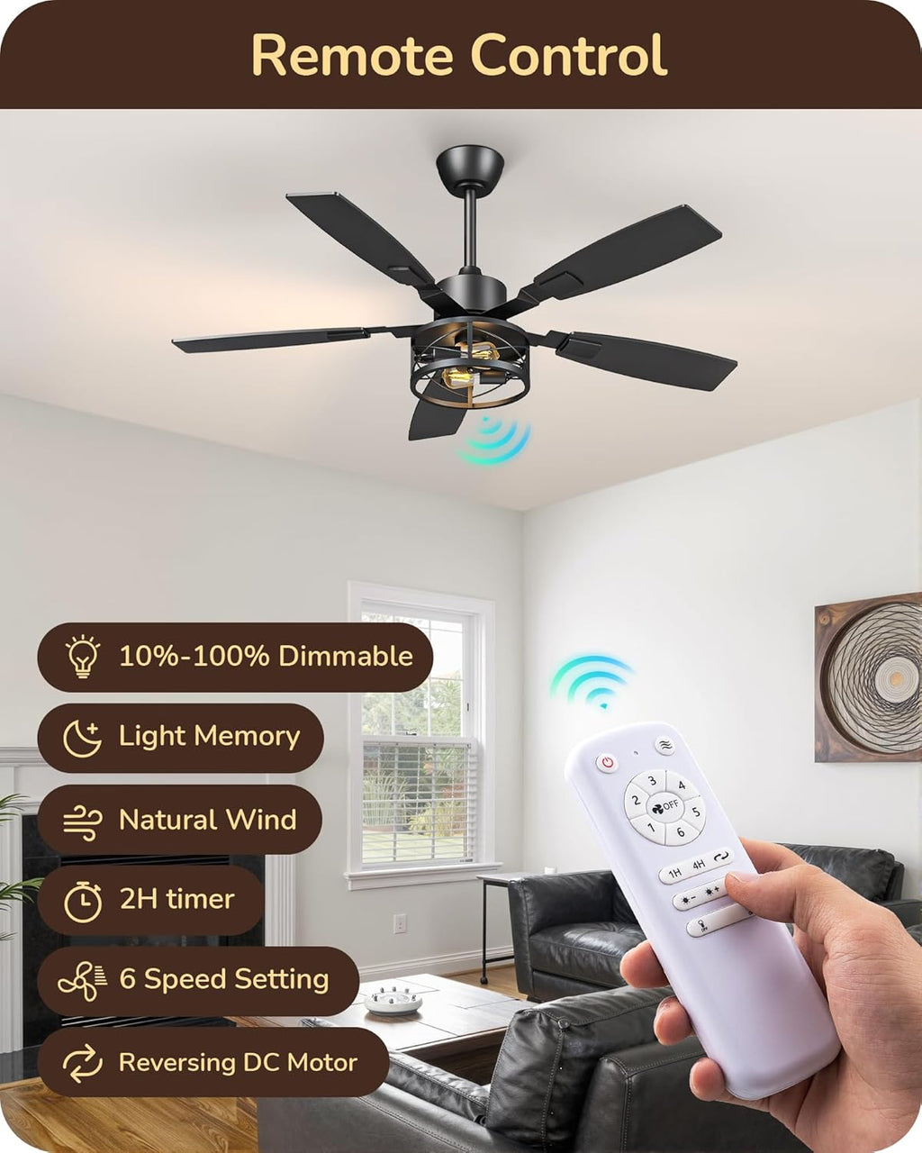 EDISHINE 52" Farmhouse Ceiling Fans with Lights and Remote, 10%-100% Dimmable, 6 Speeds, 5 Wood Blades, Reversible DC Motor, Timer, Quiet, Rustic Caged Fandelier Ceiling Fan for Bedroom Living Room