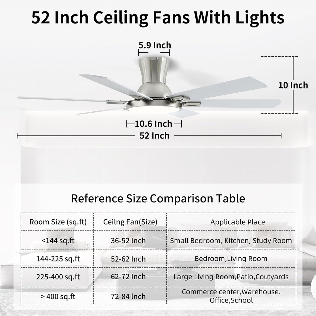 52 Inch Brushed Nickel Ceiling Fans with Lights and Remote,Flush Mount Low Profile 6 Blades Ceiling Fan with 10 Inch Lighting Fixture,Quiet Reversible DC Motor for Living Room,Bedroom and Patio