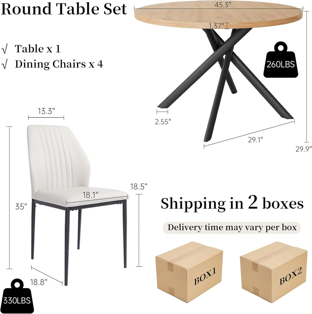 HIPIHOM 45.3 Inch Round Dining Table Set for 4, Mid Century Modern Small Kitchen Coffee Set for Dining Room Kitchen Apartment (Oak Table + 4 White Chairs)