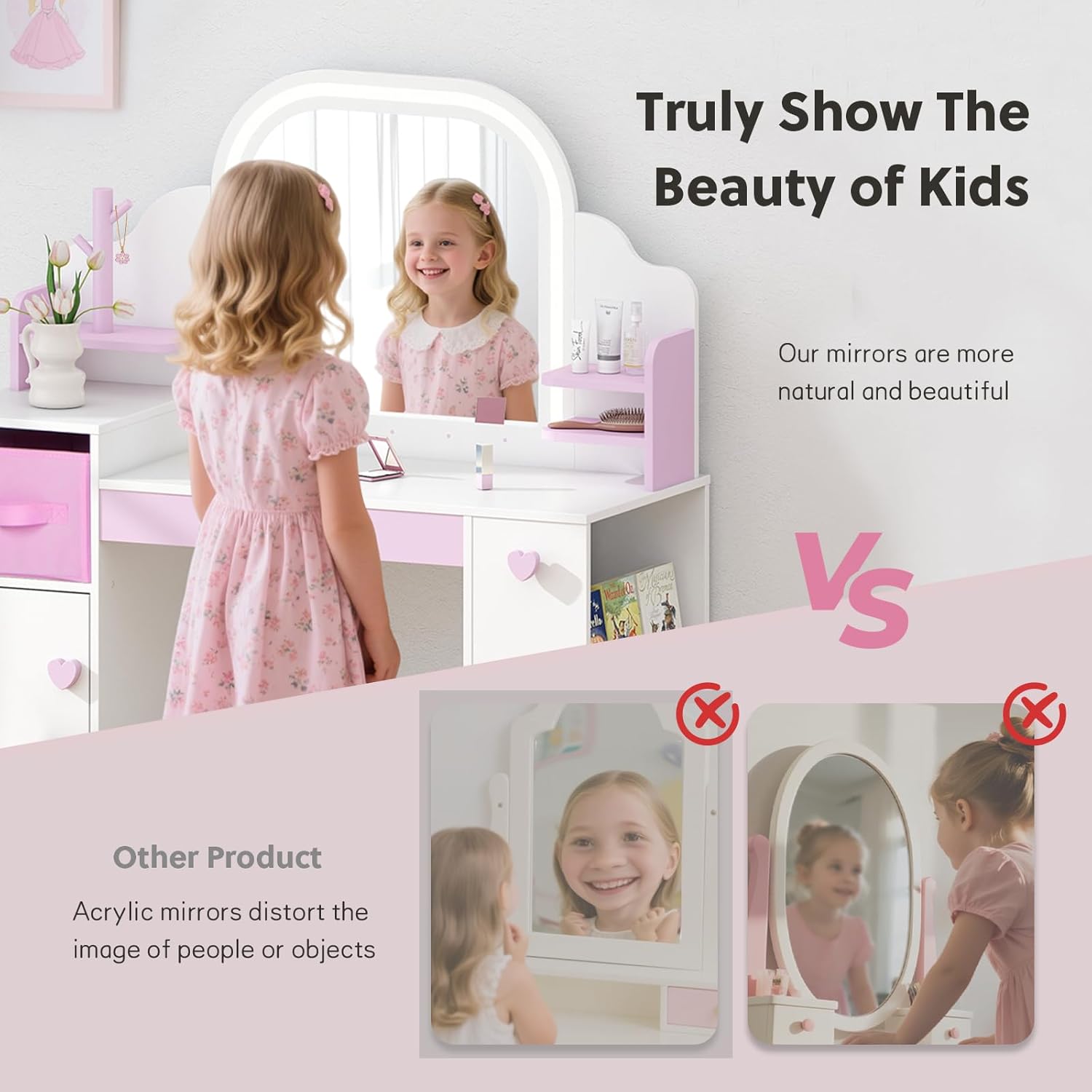 Kids Vanity with Lights and Chair, Princess Makeup Vanity Desk with Mirror Bookshelf Storage Cabinet,3 in 1 Toddler Vanity Table,Children Makeup Dressing Table,Pretend Play Vanity Set for Little Girl