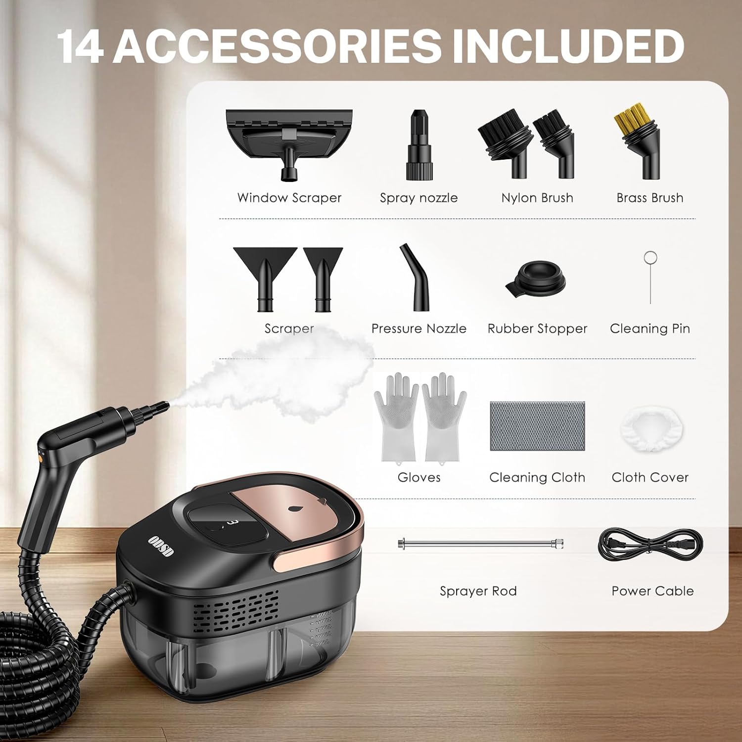 ODSD Steam Cleaner for Home & Car, 3-Level Adjustable Steamer for Cleaning, 15s Heat-Up & 1.6L Large Tank, Handheld Steam Cleaner for Car Detailing, Home, Tile, Grout,Furniture with 15pcs Accessories