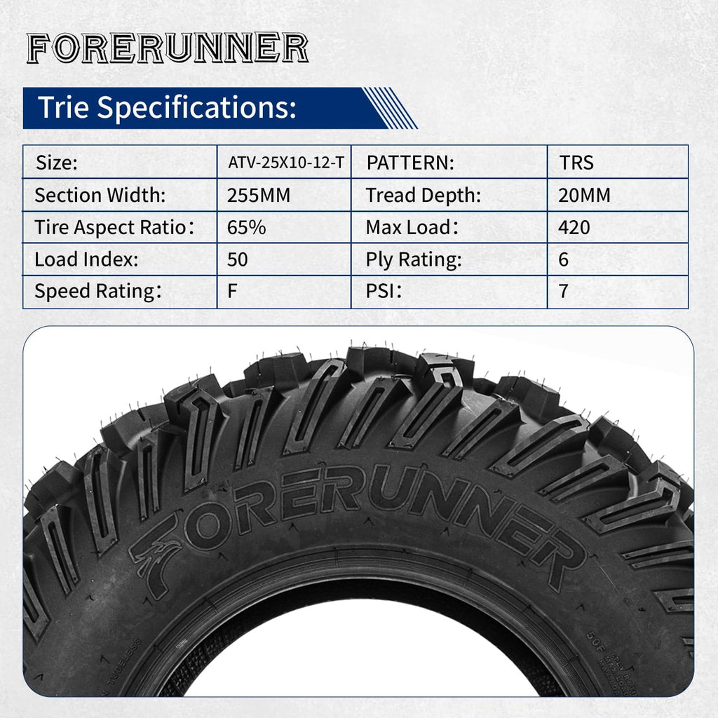 Set of 2 FORERUNNER 25X10-12 ATV Tires, 6PR Tubeless UTV Tires, All-terrain Tires