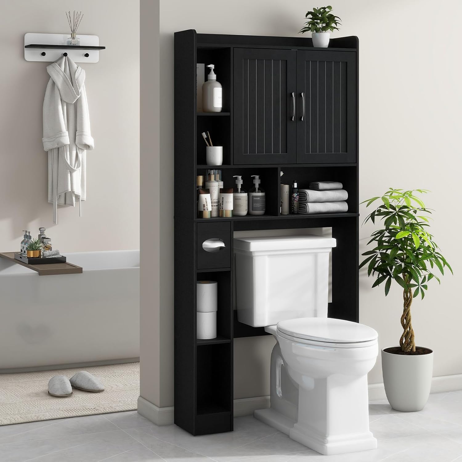 Vabches Over The Toilet Storage Cabinet, Farmhouse Storage Cabinet Over Toilet with Barn Door, Home Space-Saving Toilet Rack, for Bathroom, Restroom, Laundry（Black）.