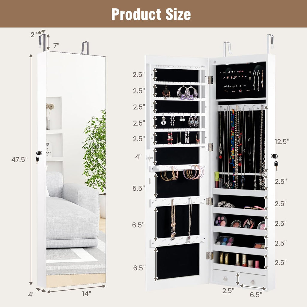 Moccha Wall Door Jewelry Armoire, Full Screen Jewelry Cabinet for Bedroom, Lockable Jewelry Cabinet, Jewelry Organizer Storage with 2 LED Lights and 2 Drawers, White