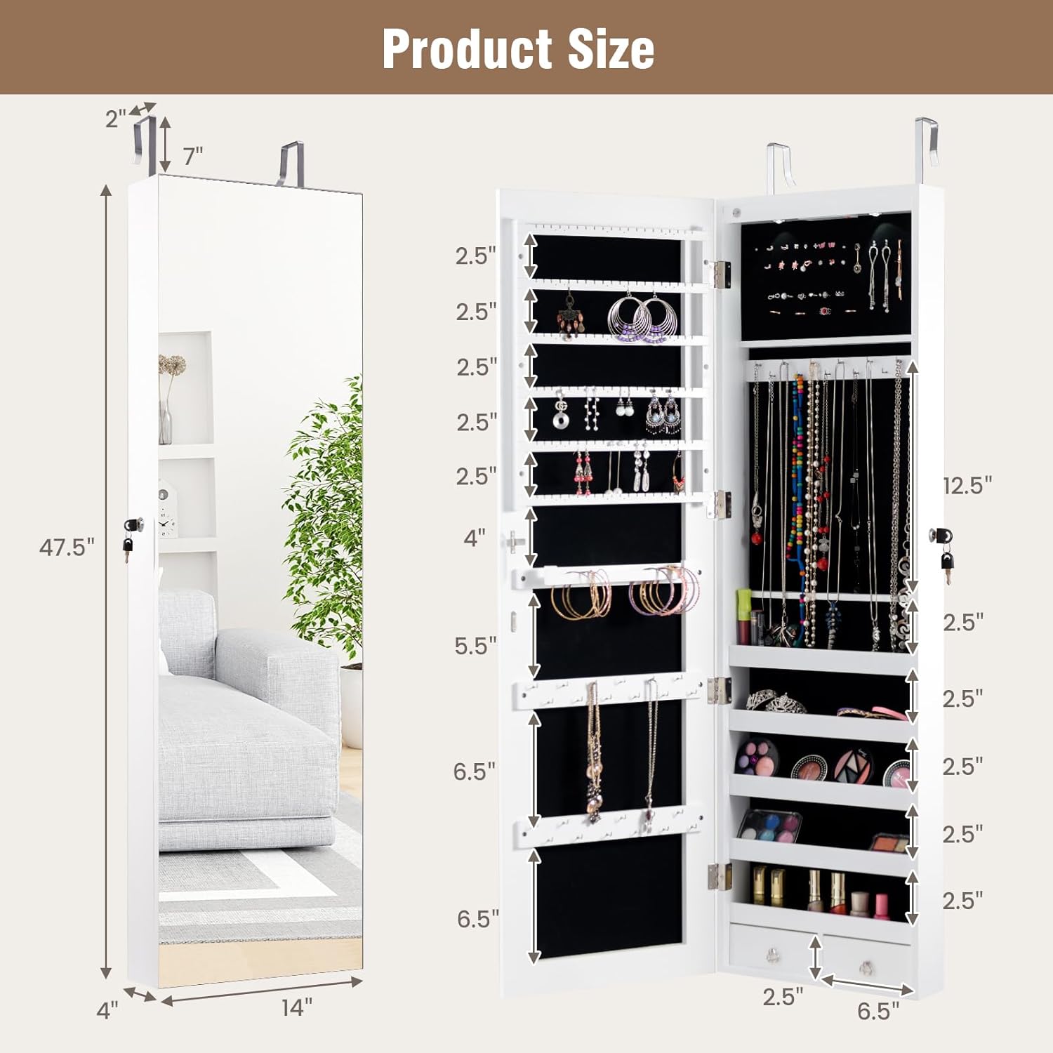 Moccha Wall Door Jewelry Armoire, Full Screen Jewelry Cabinet for Bedroom, Lockable Jewelry Cabinet, Jewelry Organizer Storage with 2 LED Lights and 2 Drawers, White