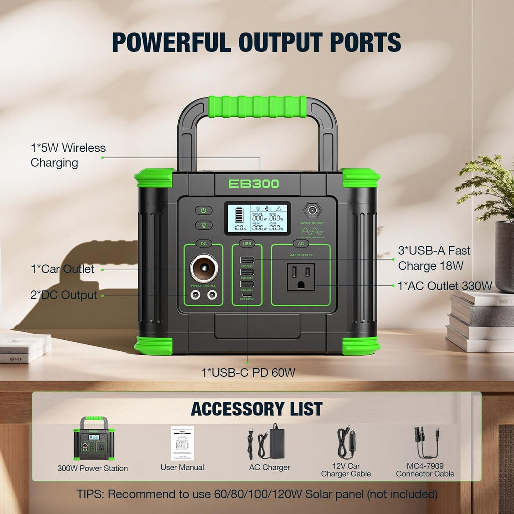 Portable Power Station 330W, 288.6Wh Solar Generator with 60W USB-C PD Output, 110V Pure Sine Wave AC Outlet, 5W Wireless Charging, 330W Backup Lithium Battery for Outdoor Camping Travel Hunting Home
