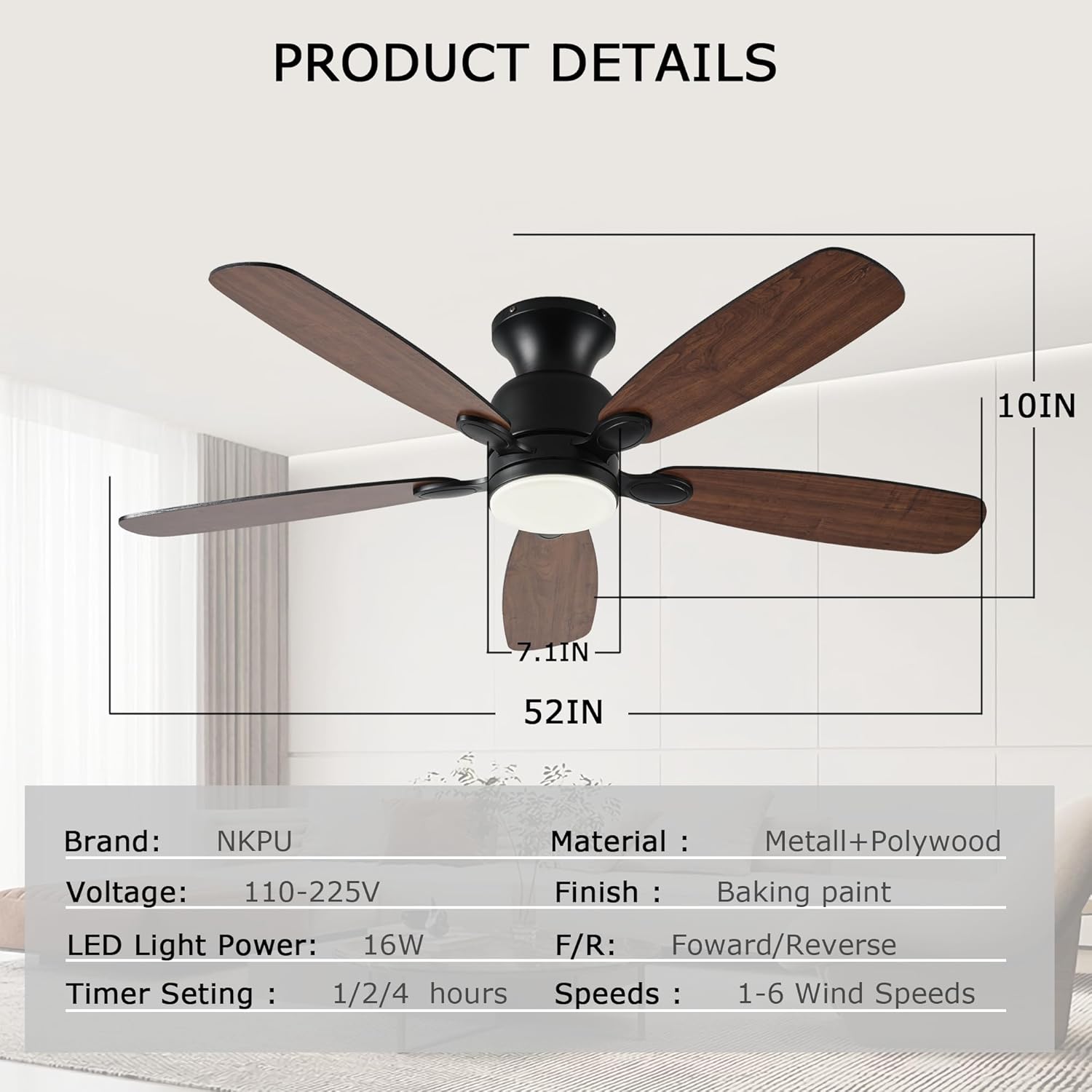NKPU 52inch Low Profile Ceiling Fan with Light and Remote/APP Control,Reversible DC Motor,Noiseless,Dimmable,Modern Flush Mount Ceiling Fan for Bedroom,Indoor/Outdoor Use(Brown)