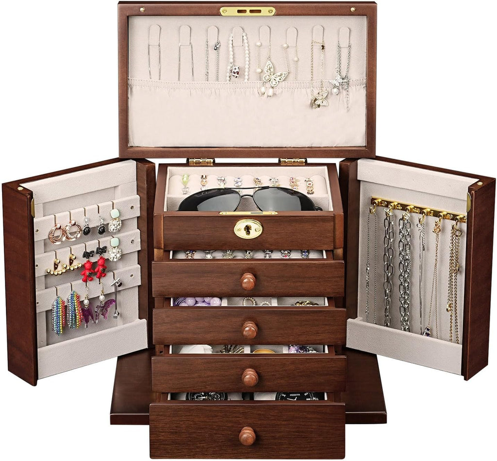 Lockable Wooden Jewelry Box for Women - 8-Layer Dresser Top Jewelry Boxes and Organizer with Key,Large Storage for Necklaces,Solid Wood Jewelry Organizers with Necklace Hooks