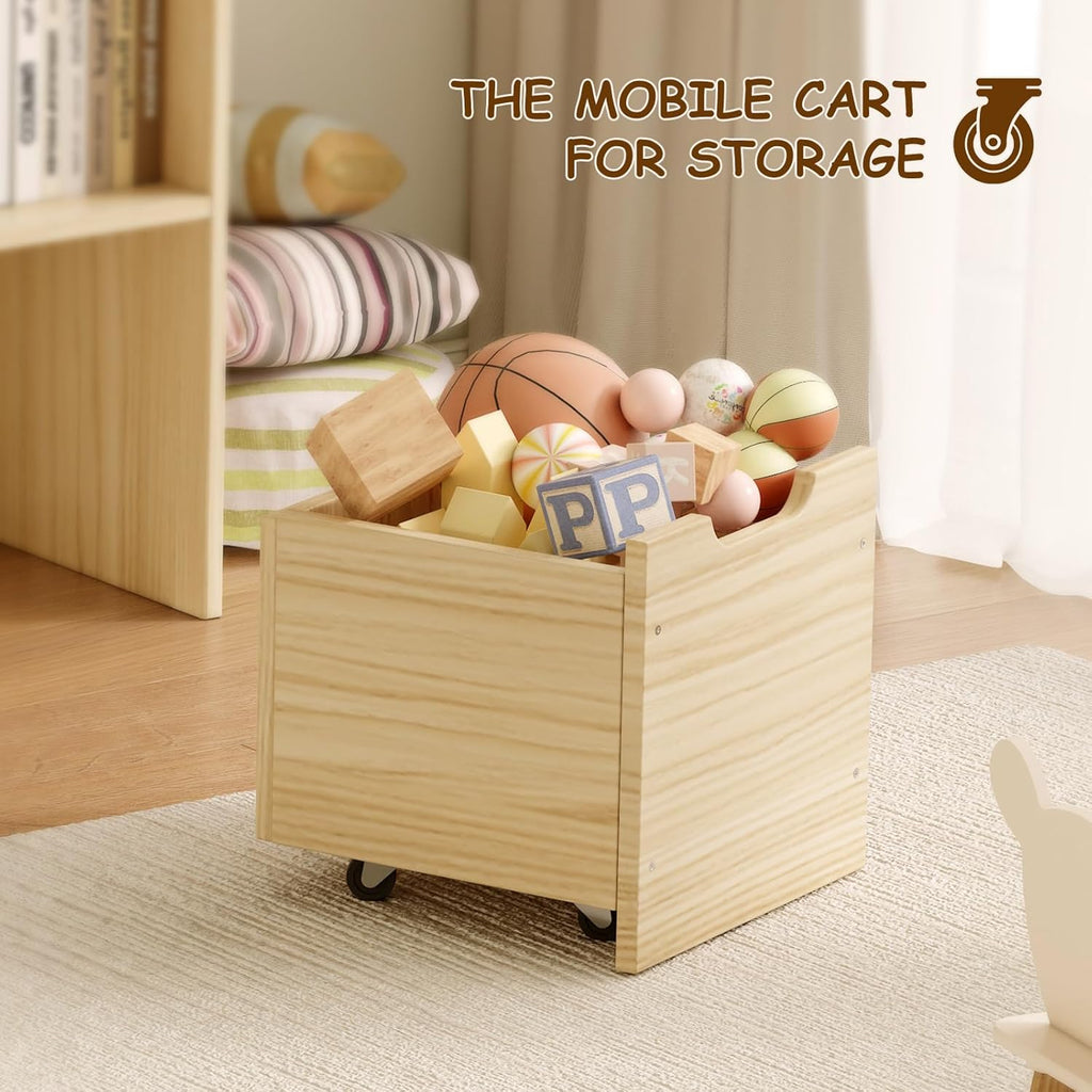 Toy Storage Organizer with Stuffed Animal Storage, Solid Pine Wooden Toy Organizer & Stuffed Animal Zoo, 4 Cubes Shelf with 2 Movable Drawers, 4 -in-1 Book Shelf for Kids Room, Playroom, Nursery