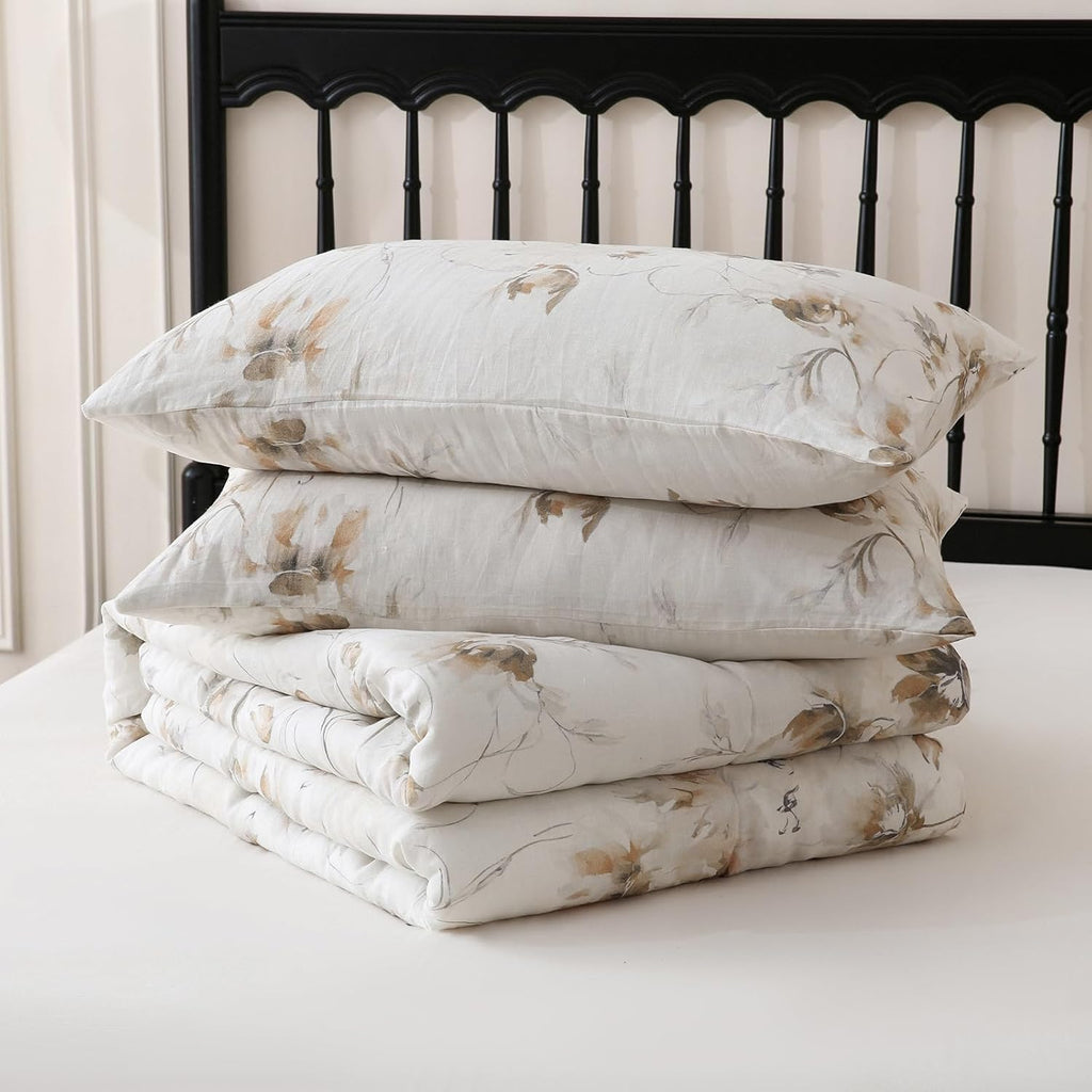 Merryword Linen Floral Comforter Set King Size 3 Pieces Natural French Flax Linen Bedding Soft Breathable Moisture Wicking Comfy