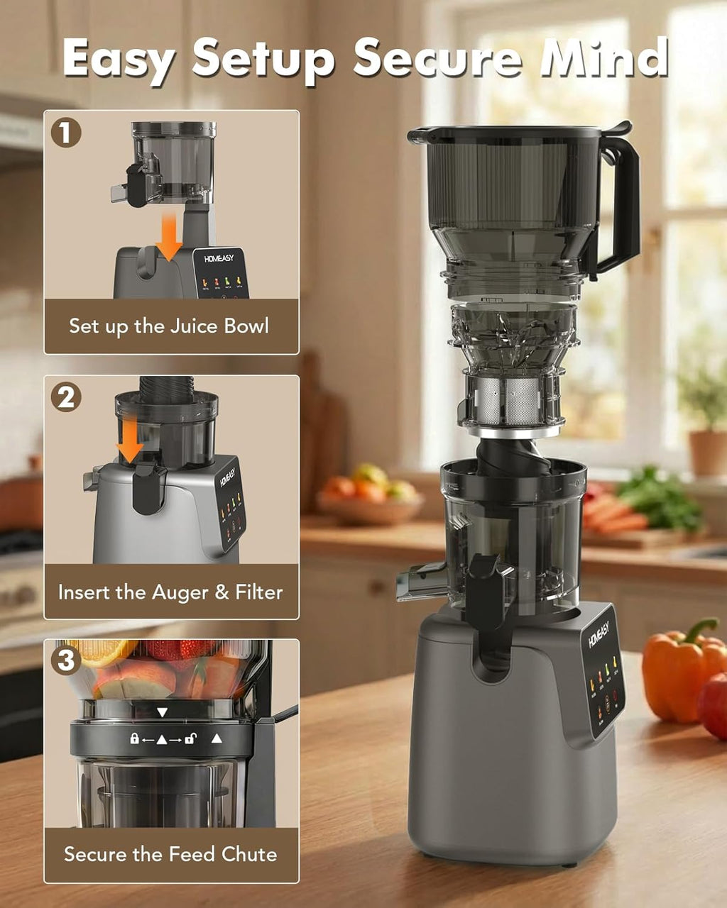 HOMEASY Cold Press Juicer Machines, 5.8'' Large Feed Chute for Whole Fruits and Vegetables, 300W Slow Masticating Juicer, High Juice Yield, 5 Smart Modes, Easy to Clean