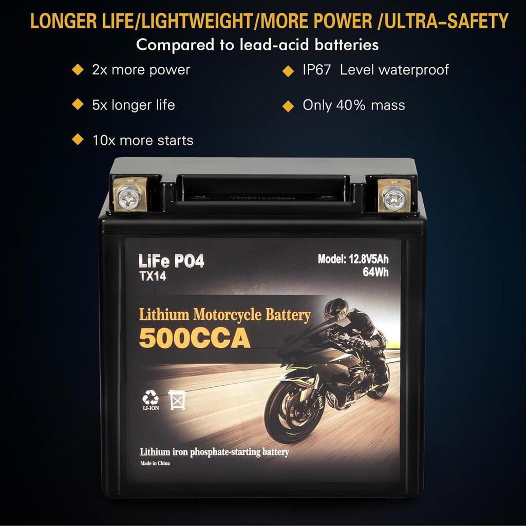 Autocessking YTX14-BS Lithium Motorcycle Battery, Group 14, 500A LiFePO4 Battery, 12V 5AH ATV, UTV, Jet Ski, 4 Wheeler, Snowmobile, Personal Watercraft, Seadoo, Polaris, Riding Lawn Mower Batteries