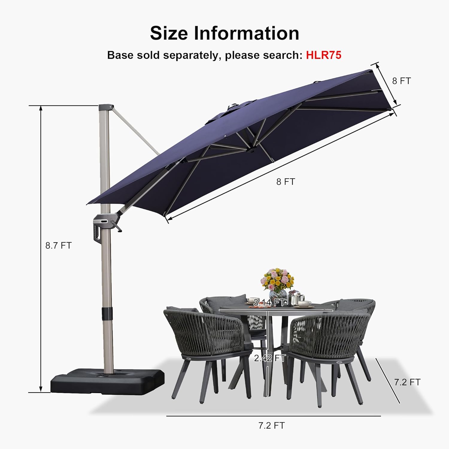 PURPLE LEAF 8’ X 8‘ Patio Umbrella Outdoor Cantilever Umbrella, Aluminum Offset Umbrella with Champagne Frame and 360° Rotation for Pool Deck Garden, Navy Blue