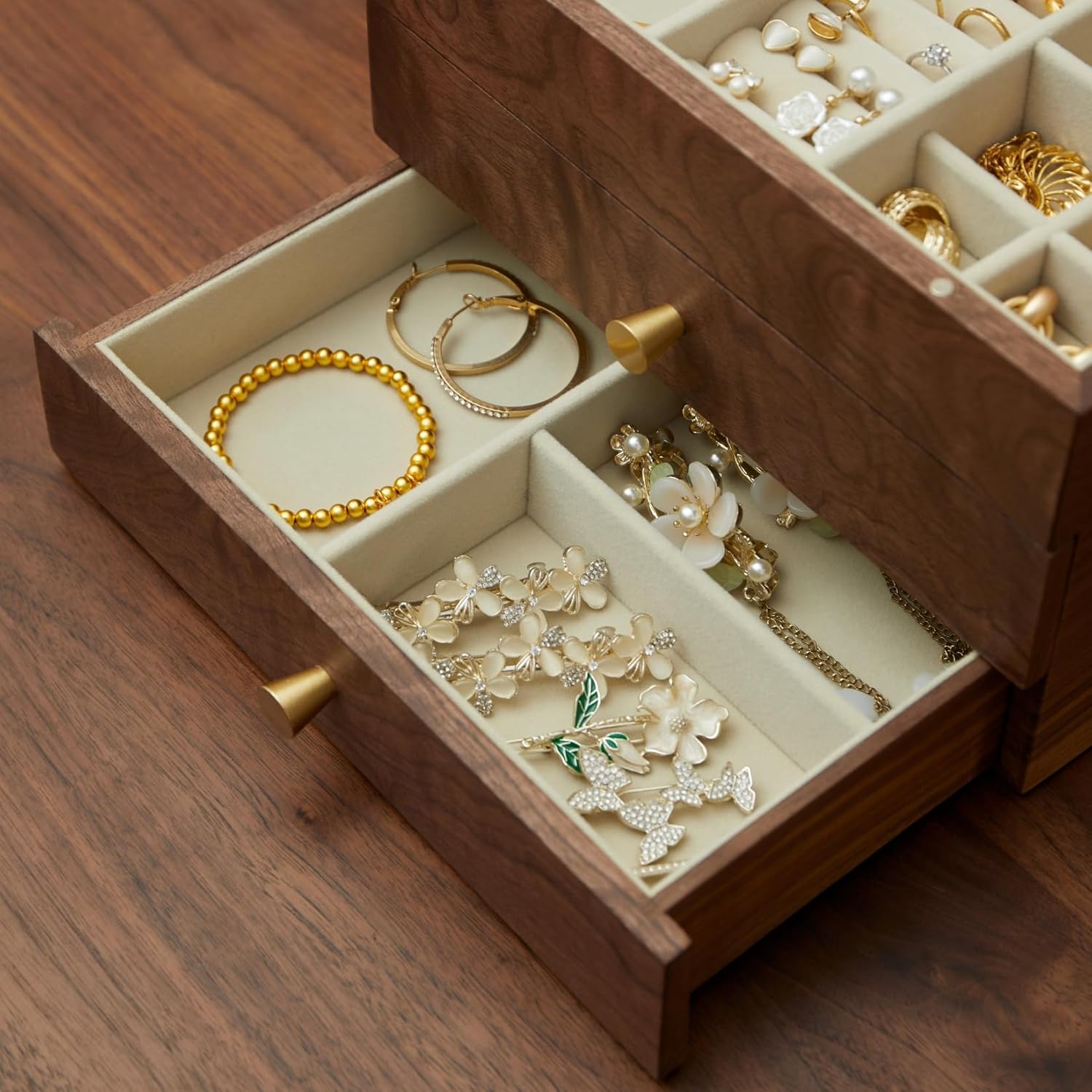 Jewelry Box Organizer for Women & Men, Black Walnut 3 Layer Wooden Jewelry Box with Velvet Lining, Earring & Ring Organizer, Large Capacity Drawer Design for Necklaces, Bracelets (3 layers)