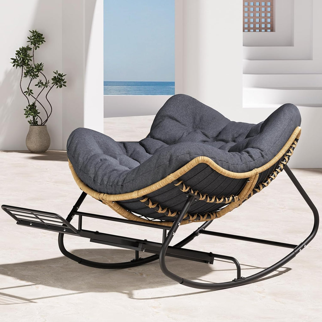 SWITTE Outdoor Rocking Chair with Footrest, Oversized Patio Papasan Rocker, Comfy Wicker Reading Lounge, Indoor Bed-Like Egg Chair for Bedroom,Balcony, Porch, Garden, Heather Gray