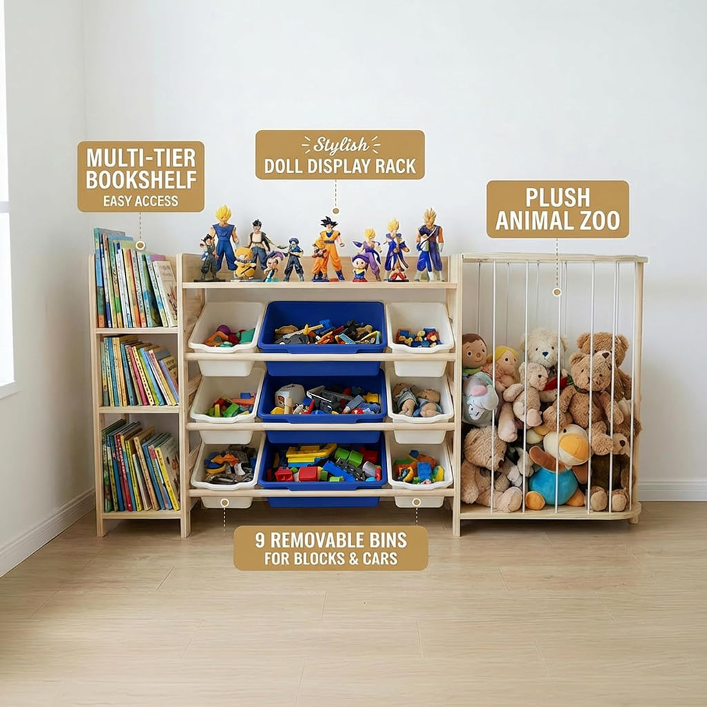 Amdermi Kids Toy Storage Organizer with 9 Plastic Bins, 3-Tier Wooden Shelving Unit for Playroom & Bedroom, Nursery Bookshelf and Stuffed Animal Zoo Storage, Natural Wood Finish （Blue）