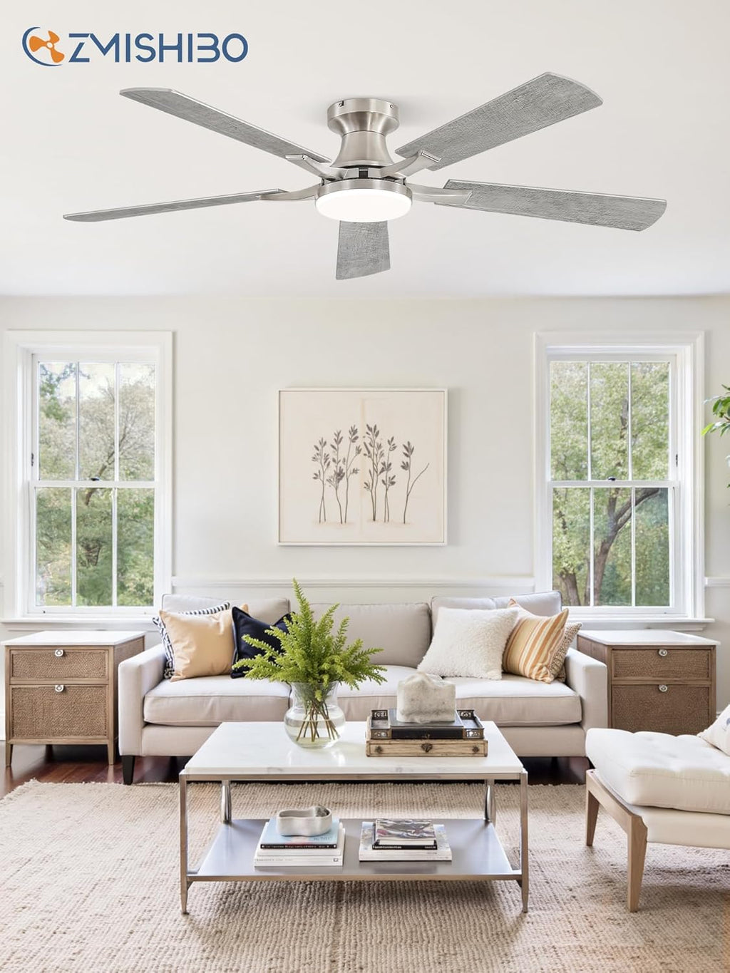 ZMISHIBO 52 Inch Ceiling Fan with Light, App&Remote Control, Flush Mount Low Profile, Dimmable 20W LED Light, Quiet Reversible Motor for Bedroom, Living Room, Apartment, Nickel