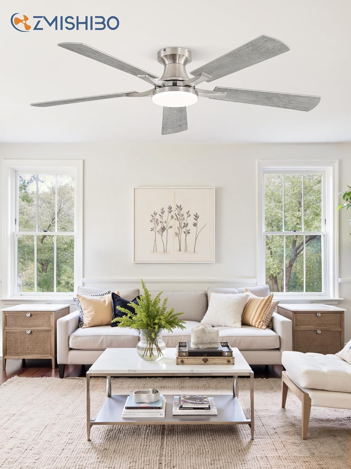 ZMISHIBO 52 Inch Ceiling Fan with Light, App&Remote Control, Flush Mount Low Profile, Dimmable 20W LED Light, Quiet Reversible Motor for Bedroom, Living Room, Apartment, Nickel