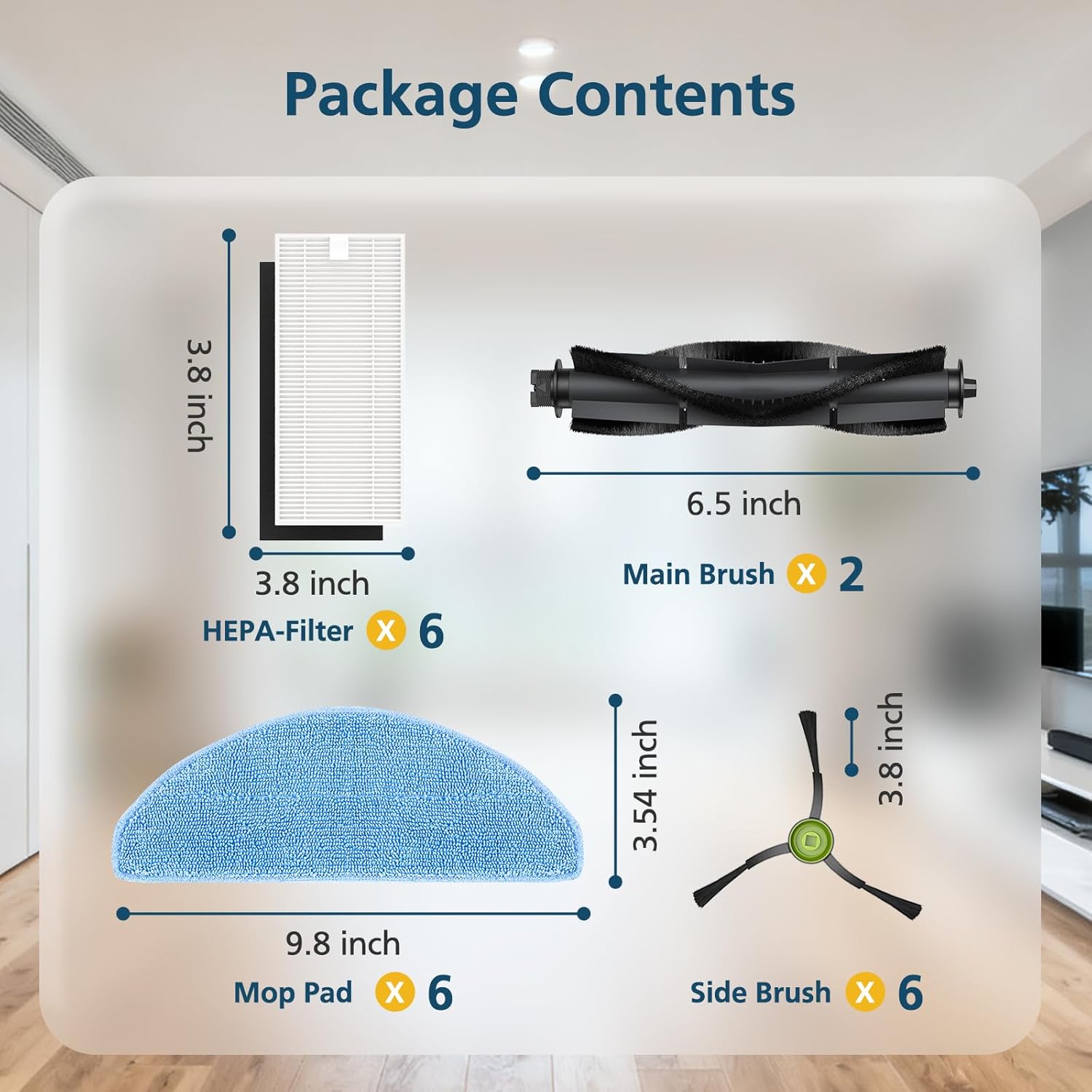 G8000 Max Replacement Parts, for Tikom G8000 Max, L8000 Plus, 2025 Year L8000 Pro Robot Vacuum, Accessories Include 2 Main Brushes, 6 Side Brushes, 6 HEPA Filters, 6 Mop Pads