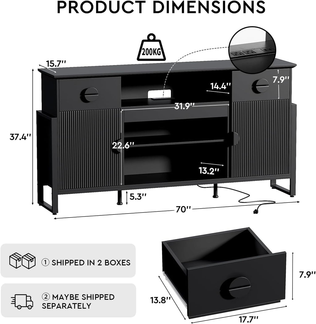 70 inch Modern Fluted TV Stand for TVs up to 80", Multifunctional Entertainment Center with Open Shelf, Built-in Power Outlets & 2 Large Drawers, Doors Storage Cabinet for Living Room, Black