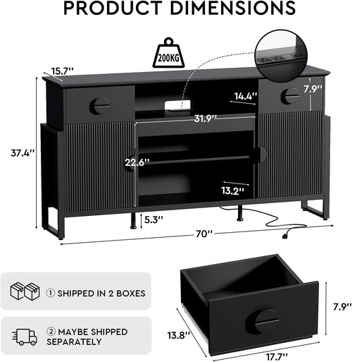 70 inch Modern Fluted TV Stand for TVs up to 80", Multifunctional Entertainment Center with Open Shelf, Built-in Power Outlets & 2 Large Drawers, Doors Storage Cabinet for Living Room, Black