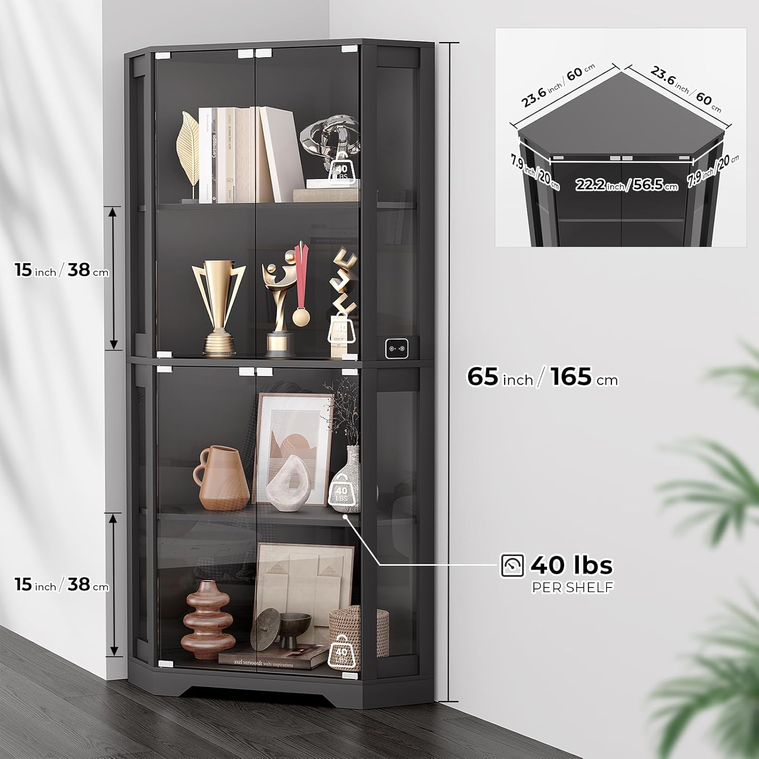 BROTTAR Corner Display Cabinet with Glass Doors, 65" Lighted Curio Cabinet with 3 Color LED Lights for Collectibles, 4-Tier Showcase Display Case with Human Body Sensor for Toys, Books, Black