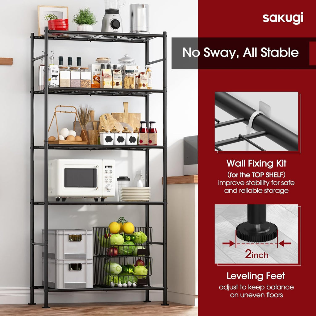 Sakugi Storage Racks - 2 Pack, 5-Tier Freestanding Steel Shelving Units with Reinforced Frame, Adjustable Garage Organization Shelves for Warehouse, Basement, Workshop, 33.5" x 12.6" x 72", Black
