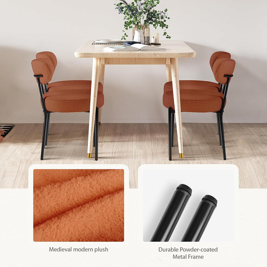 DUMOS Dining Chairs Set of 4, Mid Century Modern Chair Round Upholstered Curved Backrest, Kitchen Vanity Living Room Chairs with Black Metal Legs, Orange