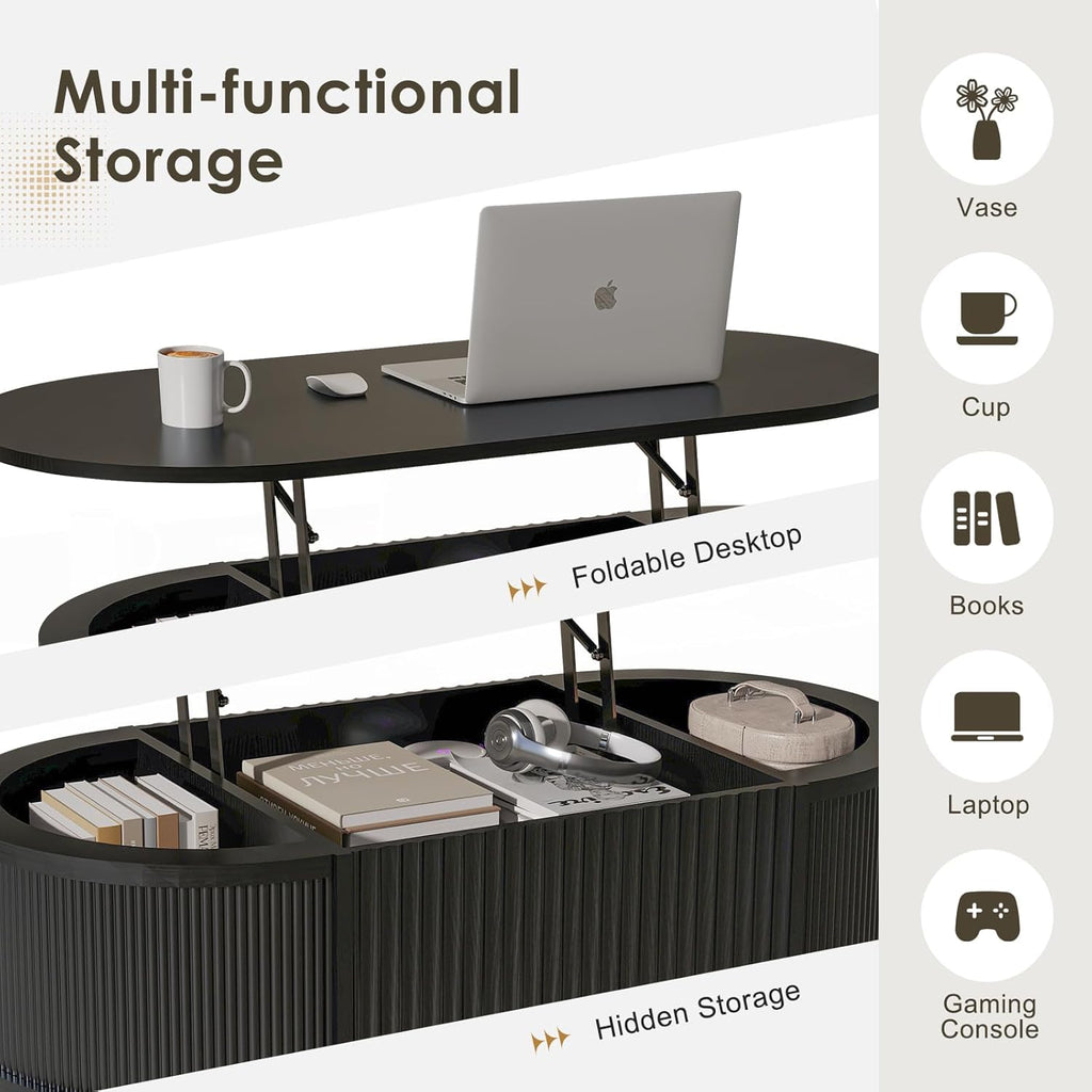 LYNCOHOME Fluted Lift Top Coffee Table with Storage,Modern Oval Coffee Table for Living Room or Home Office(Black)